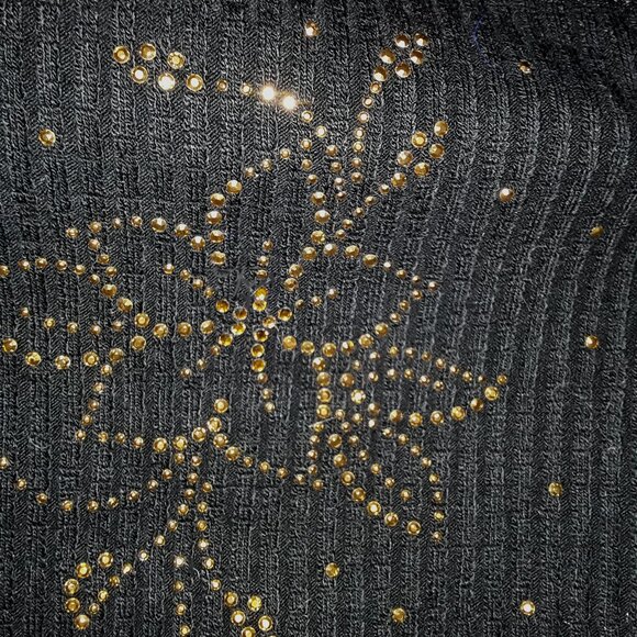 SZ SM Black Ribbed Knit Bronze Gold Beaded Flower Design Bandeau Strapless Top - Picture 2 of 5